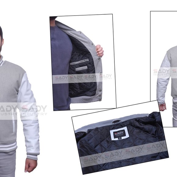Bomber Jacket Varsity Letterman Baseball in Grey Wool and Genuine White Leather - Picture 5 of 8